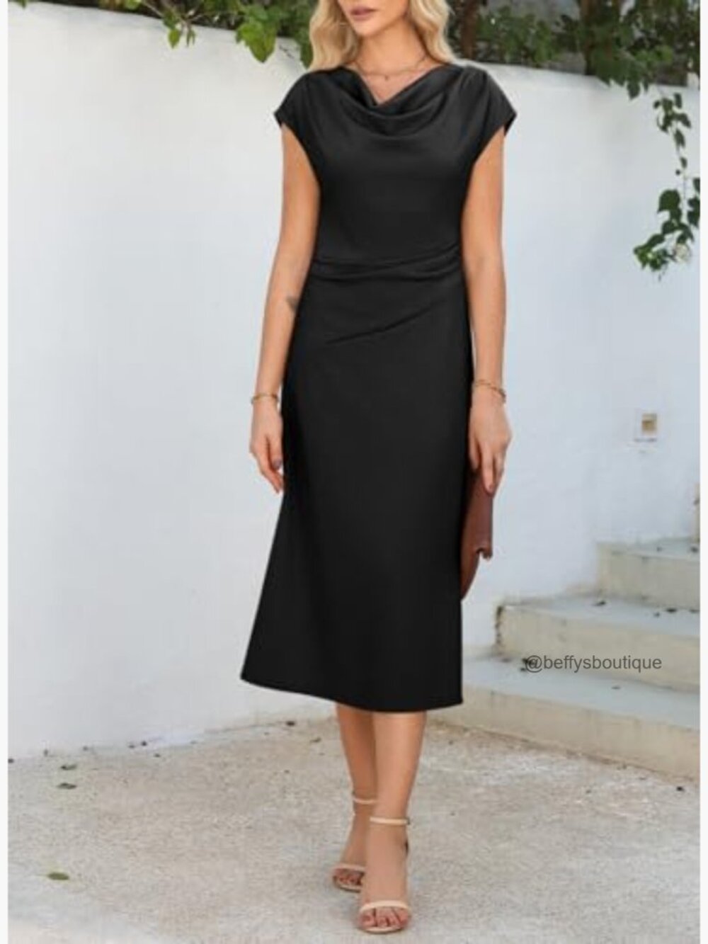 Short Sleeve Cowl Neck Ruched Waist A Line Midi Dress Flowy Party Cocktail Dress - Picture 3 of 7